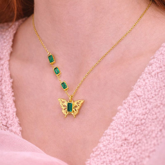 18K Gold Plated Butterfly Green Stone Necklace | Tvayi