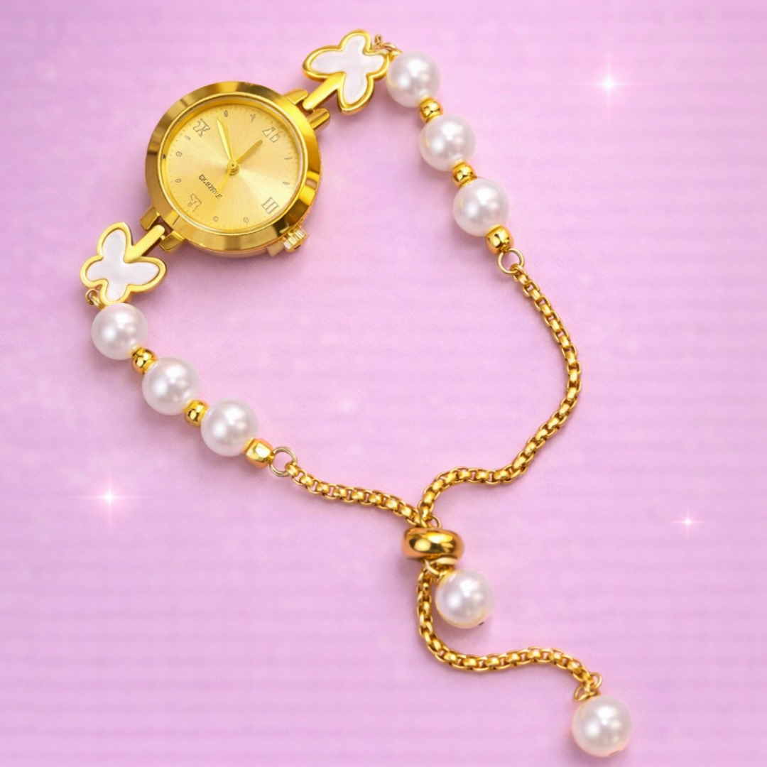 Elara Luxe – Gold Plated Bracelet Watch for Women | Pearl Chain Elegant Watch | Demi-Fine Jewellery Timepiece | Tvayi