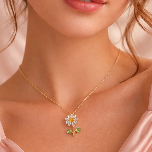 Daisy Flower Pendant 18K Gold-Plated Necklace with Cubic Zirconia Stones | Tvayi