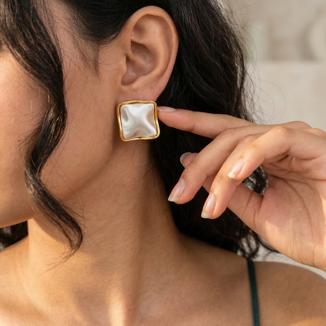 18K Gold Pearl Royale Square Studs | Tvayi