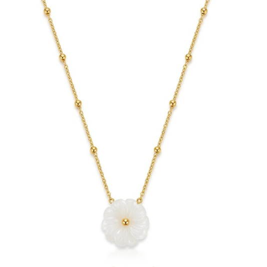 Gold Plated White Shell Floral Charm Necklace | Tvayi