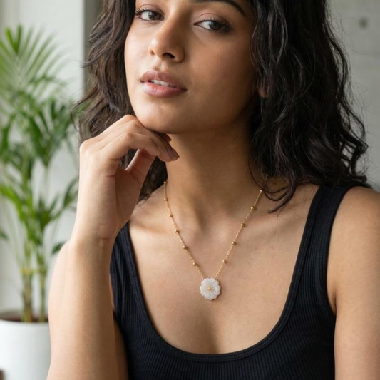 Gold Plated White Shell Floral Charm Necklace | Tvayi
