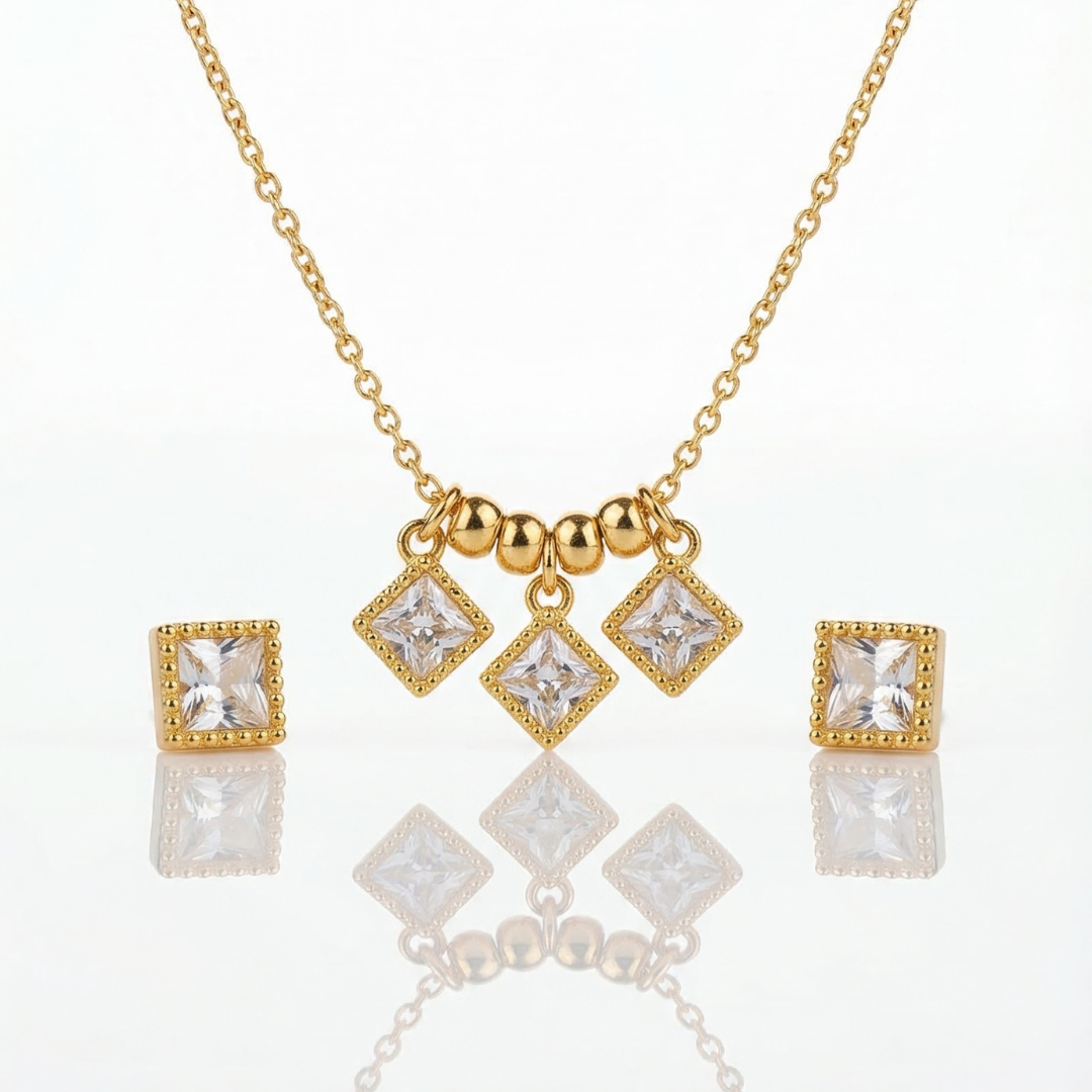 18K Gold Plated Diamond Pendant with Earrings | Tvayi