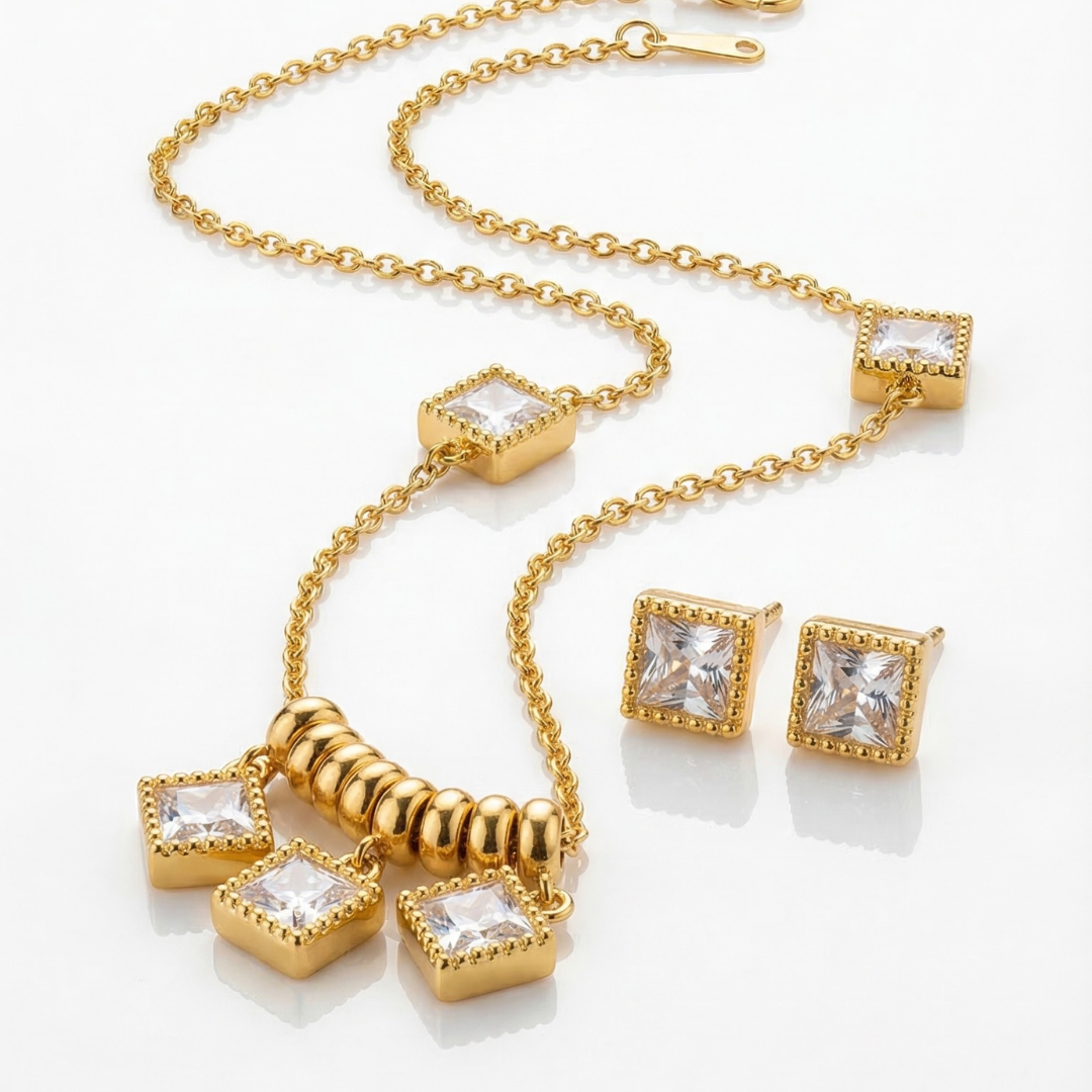 18K Gold Plated Diamond Pendant with Earrings | Tvayi