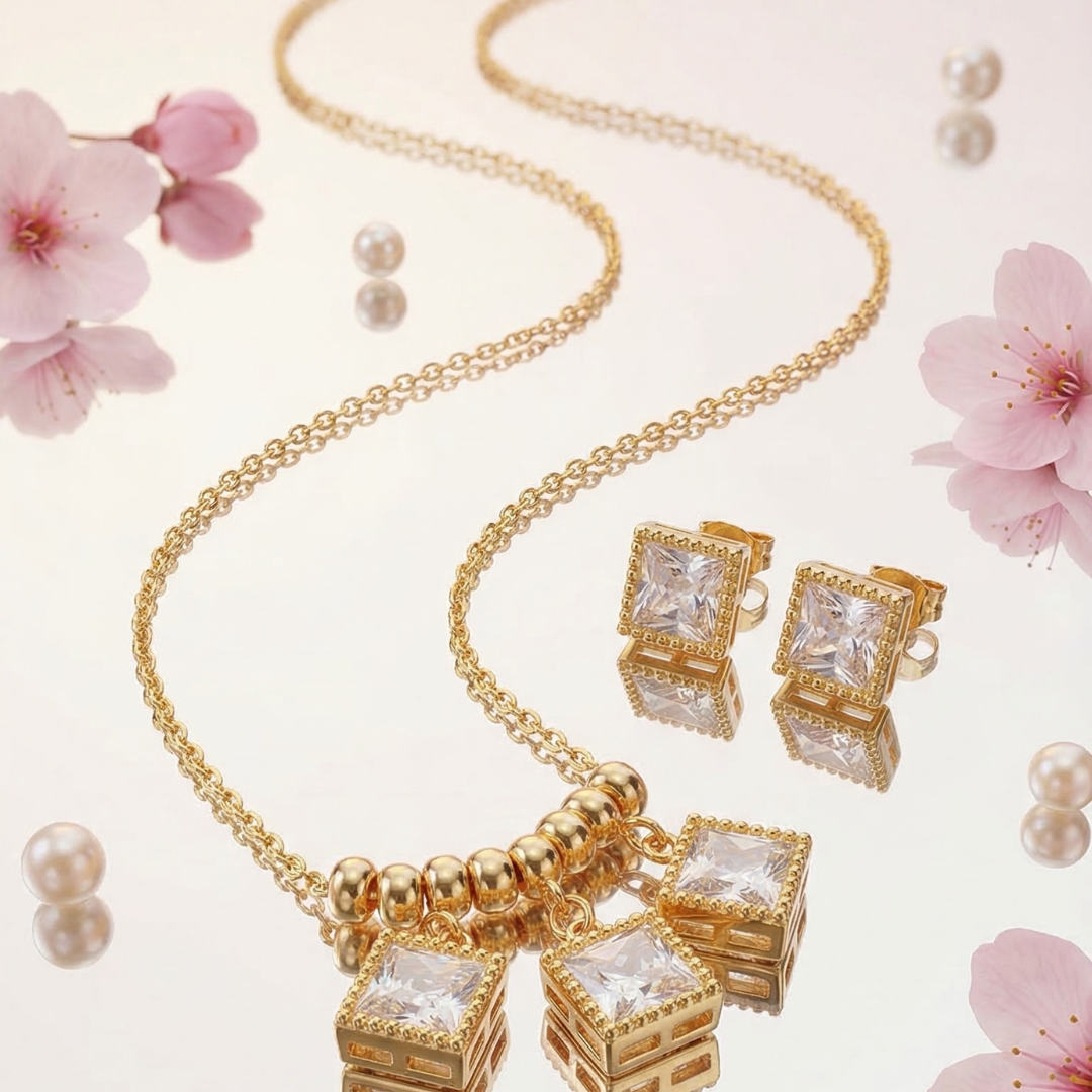 18K Gold Plated Diamond Pendant with Earrings | Tvayi