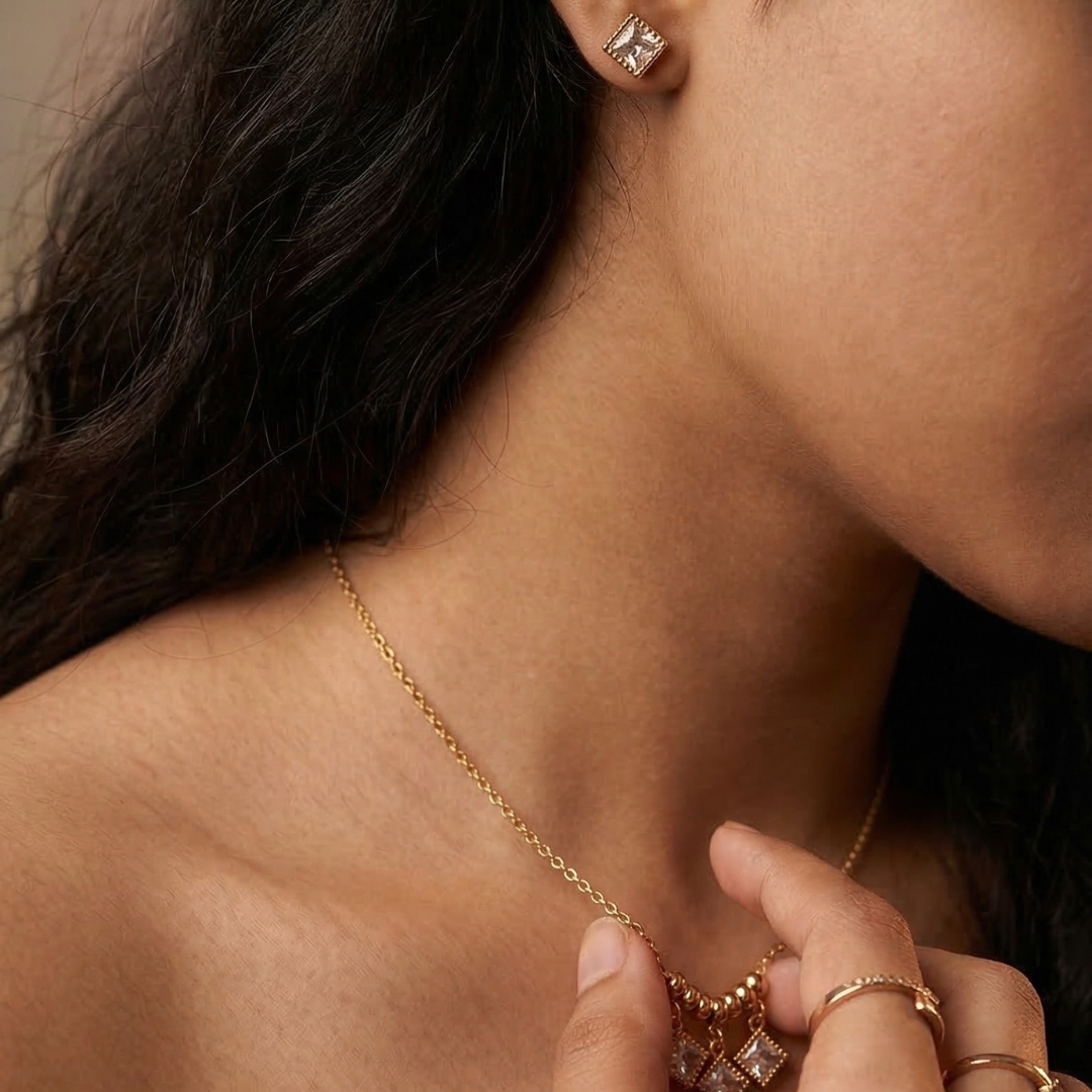 18K Gold Plated Diamond Pendant with Earrings | Tvayi