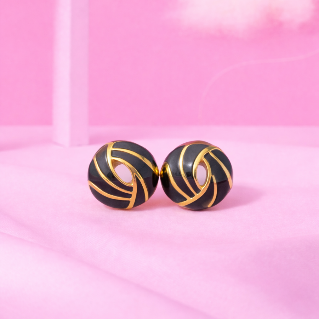 18K Gold Plated Black Swirl Earrings for Women | Demi-Fine Premium Jewellery | Elegant Gift for Her | Tvayi