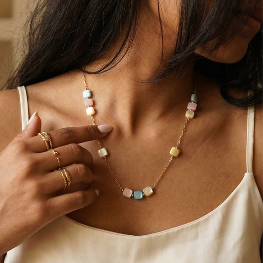 Multi-color gemstone gold plated chain necklace | Tvayi