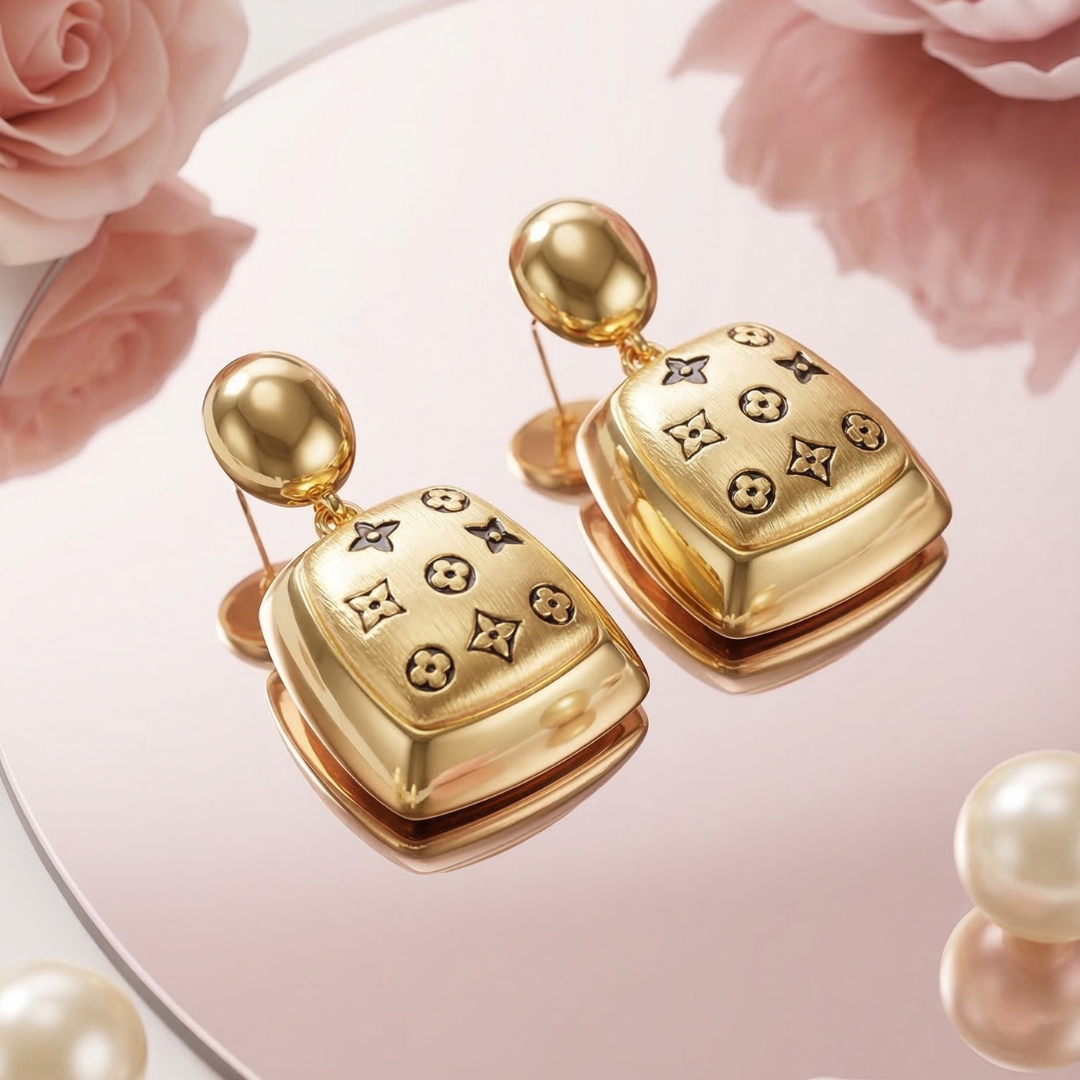 Pair of Louis Vuitton–Inspired Earrings Featuring a Gold-Finish Square Design | Tvayi