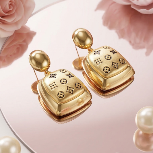 Pair of Louis Vuitton–Inspired Earrings Featuring a Gold-Finish Square Design | Tvayi