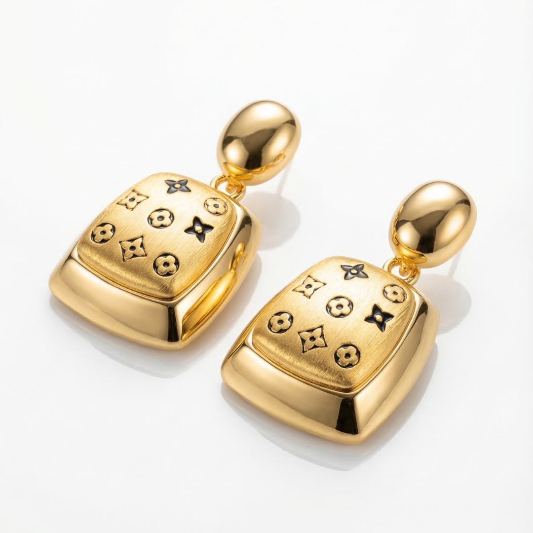 Pair of Louis Vuitton–Inspired Earrings Featuring a Gold-Finish Square Design | Tvayi