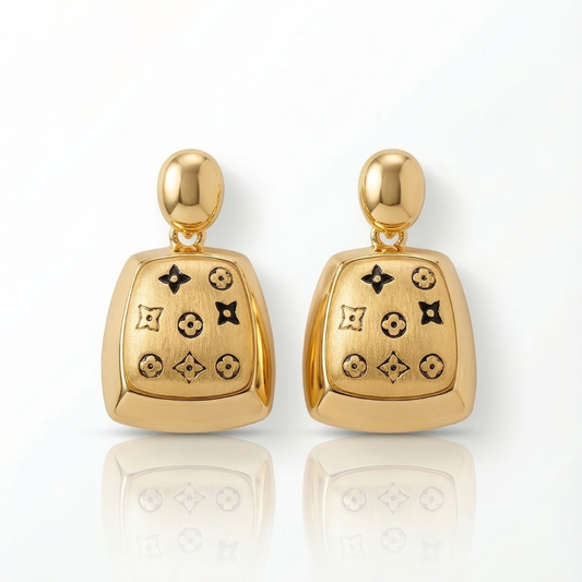 Pair of Louis Vuitton–Inspired Earrings Featuring a Gold-Finish Square Design | Tvayi