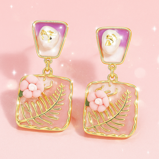 Blush Fern Pearl Drop Earrings – Gold Plated Floral Statement Jewellery | Tvayi