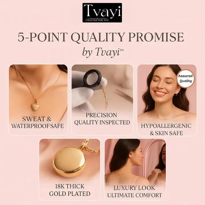 Tvyai jewelry advertisement with 5-point quality promise on a pink background