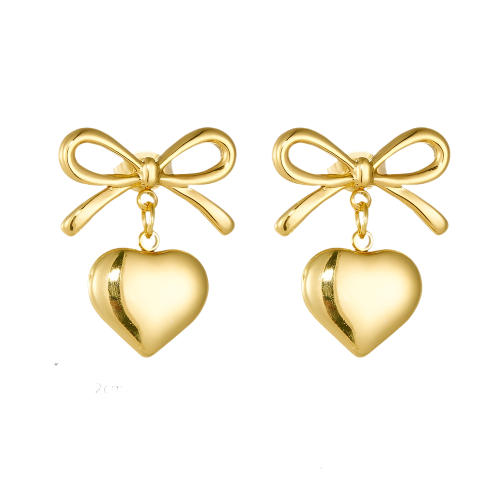 Gold Bow Heart Drop Earrings | Tvayi Jewellery