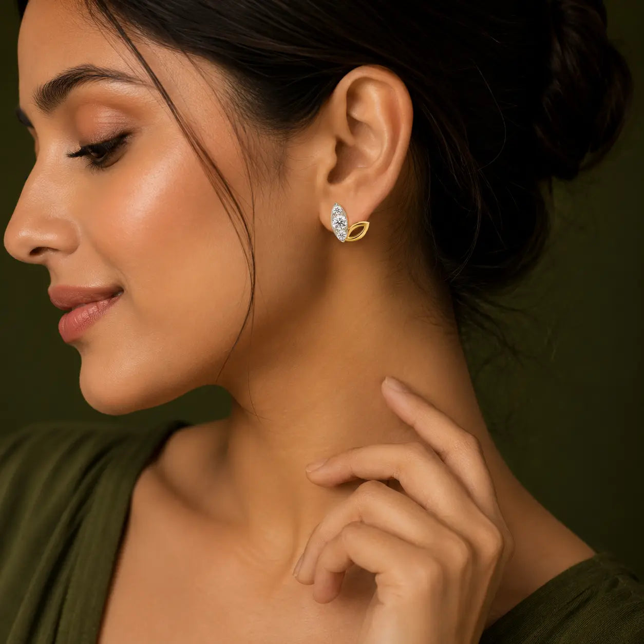 9KT Gold Diamond Leaf Stud Earrings | Tvayi