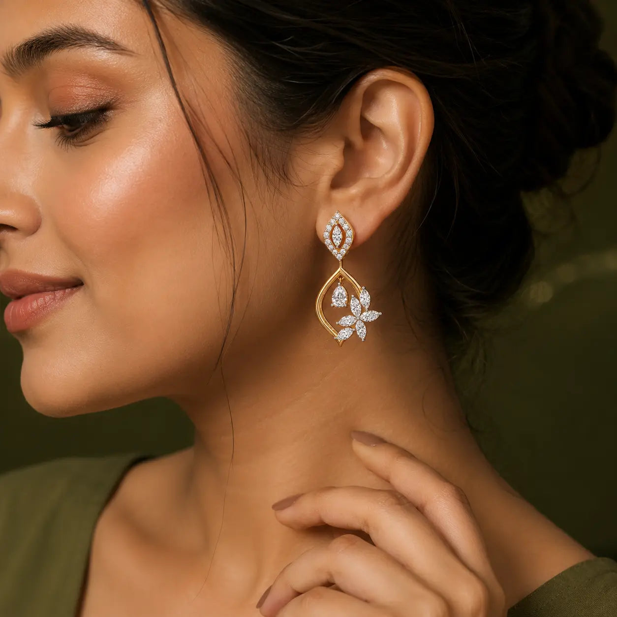 9KT Gold Diamond Leaf petal stud Earrings | Tvayi