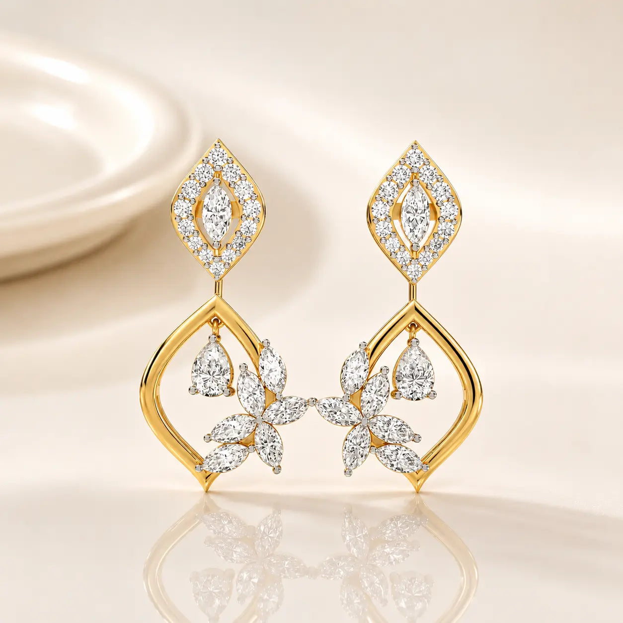 9KT Gold Diamond Leaf petal stud Earrings | Tvayi