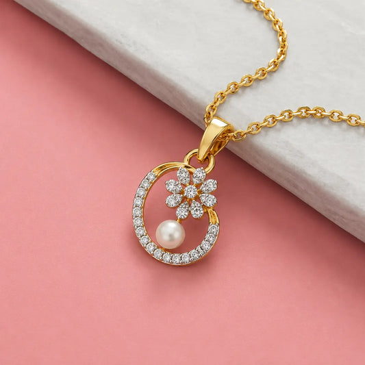 9KT Gold Lab Grown Diamond Floral Pearl Pendant Necklace for Women | Elegant Diamond Flower Pendant | Tvayi