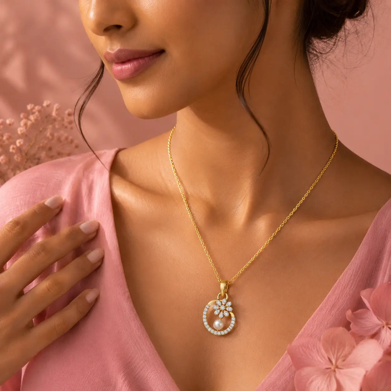 9KT Gold Lab Grown Diamond Floral Pearl Pendant Necklace for Women | Elegant Diamond Flower Pendant | Tvayi