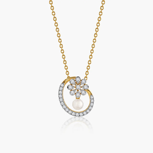 9KT Gold Lab Grown Diamond Floral Pearl Pendant Necklace for Women | Elegant Diamond Flower Pendant | Tvayi