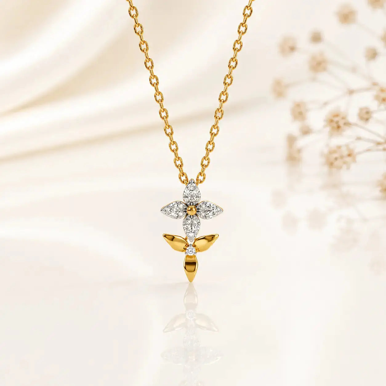 9KT Gold Lab Grown Diamond Floral Pendant Necklace | Elegant Everyday Luxury | Tvayi