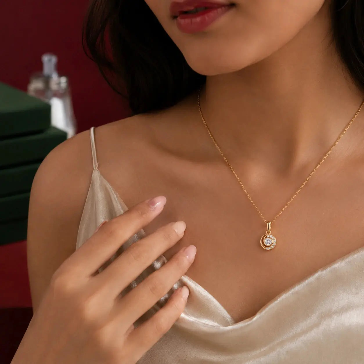 9KT Gold Lab Grown Diamond Halo Pendant Necklace | Tvayi