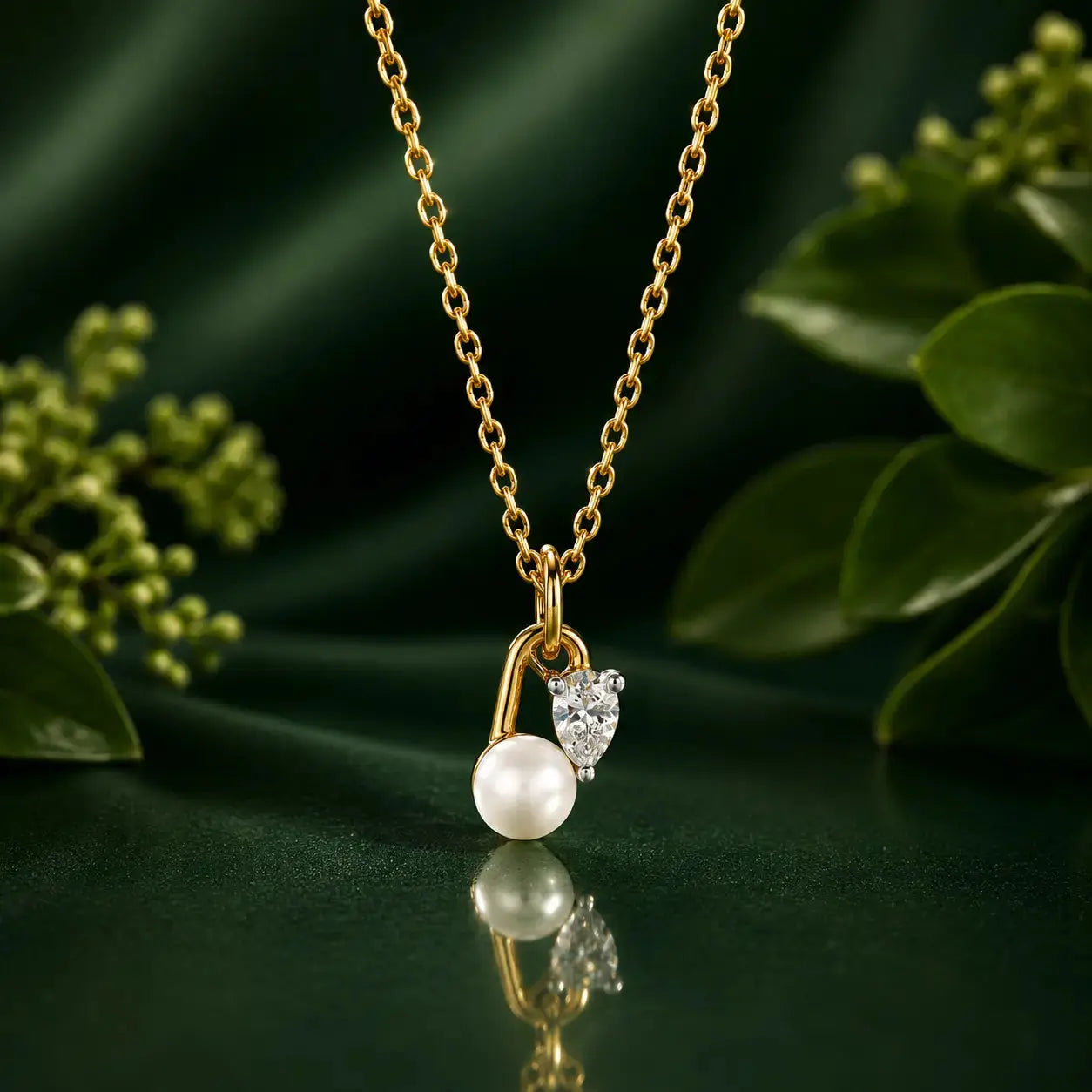 9KT Gold Lab Grown Diamond & Pearl Pendant Necklace | Tvayi