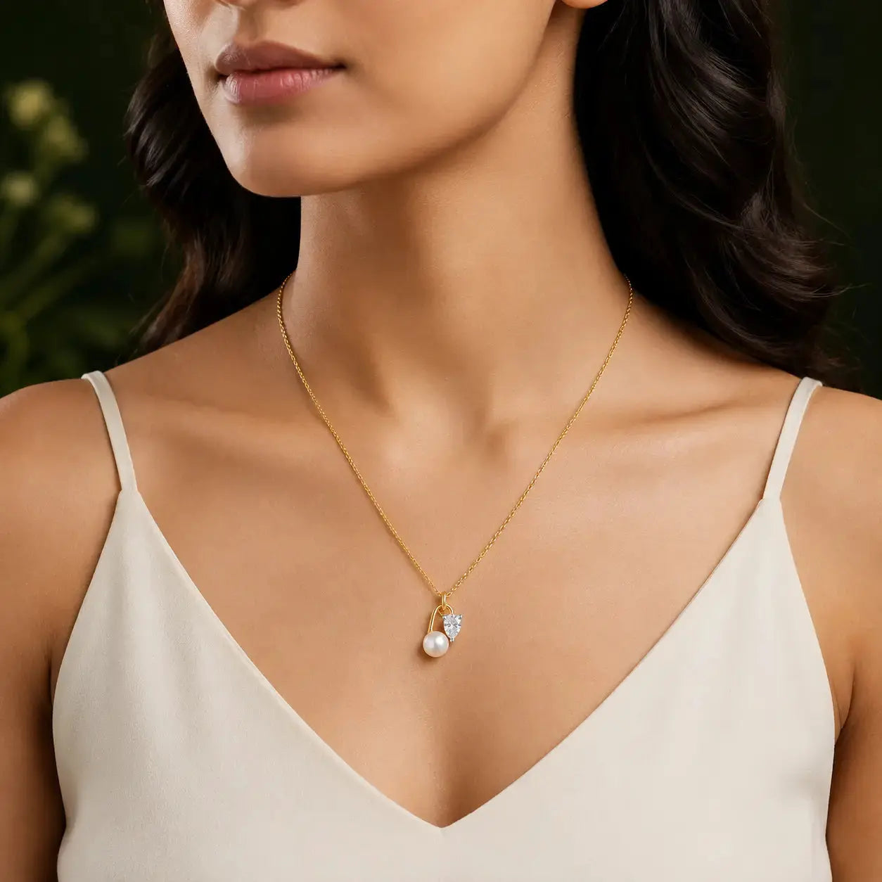 9KT Gold Lab Grown Diamond & Pearl Pendant Necklace | Tvayi