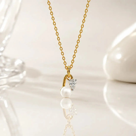 9KT Gold Lab Grown Diamond & Pearl Pendant Necklace | Tvayi