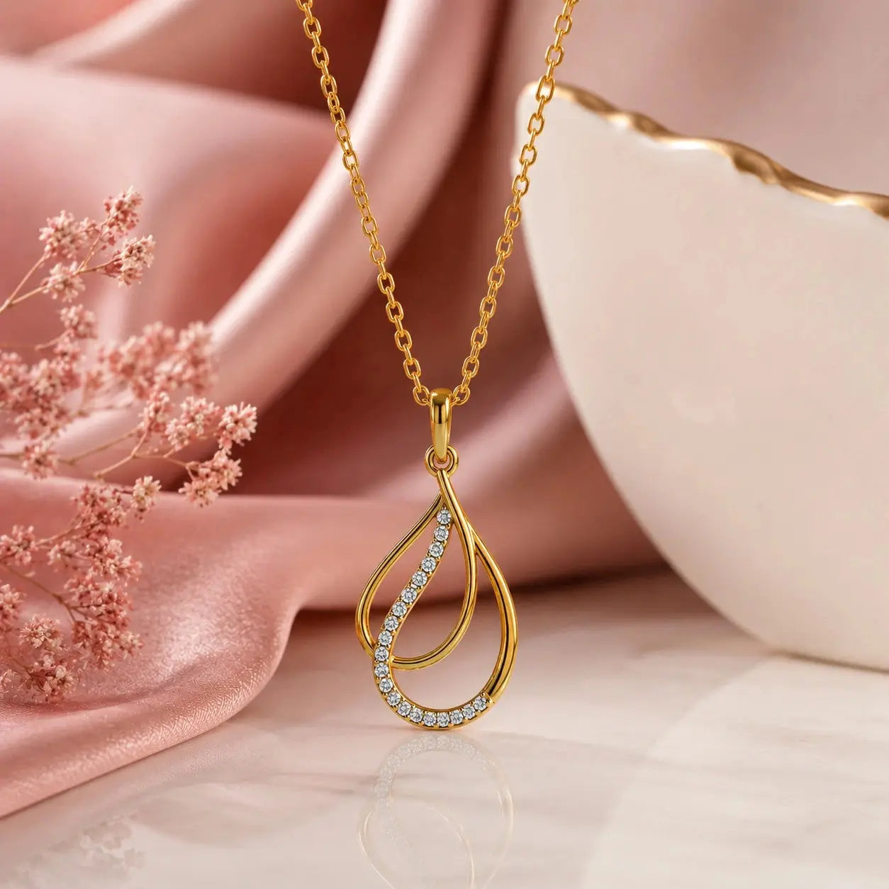 9KT Gold Lab Grown Diamond Teardrop Pendant Necklace for Women | Elegant Gold Diamond Pendant | Tvayi