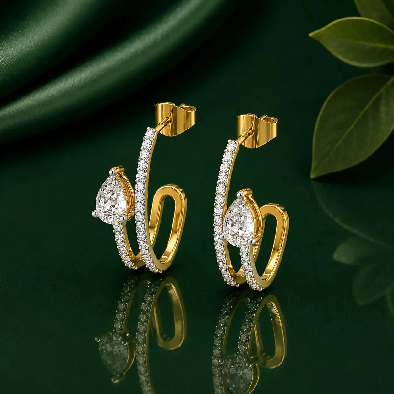 9KT Gold Pear Diamond Designer Hoop Earrings | Tvayi