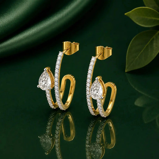 9KT Gold Pear Diamond Designer Hoop Earrings | Tvayi