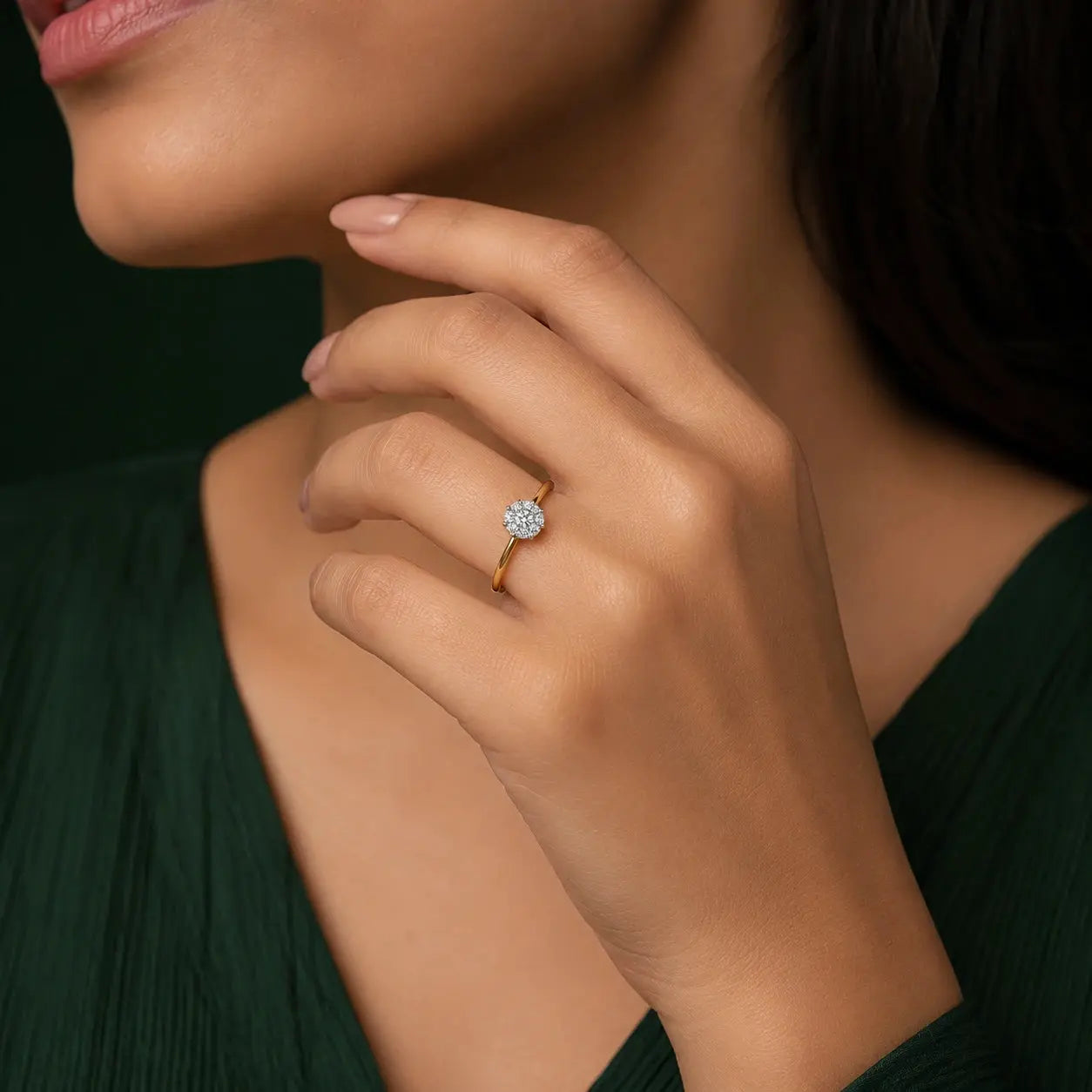 9KT Gold Solitaire Halo Lab Grown Diamond Ring for Women | Minimal Engagement Ring | Tvayi