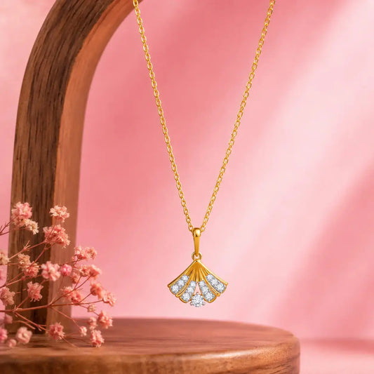 9KT Real Gold Lab Grown Diamond Fan Pendant Necklace for Women | Elegant Gift for Her | Tvayi