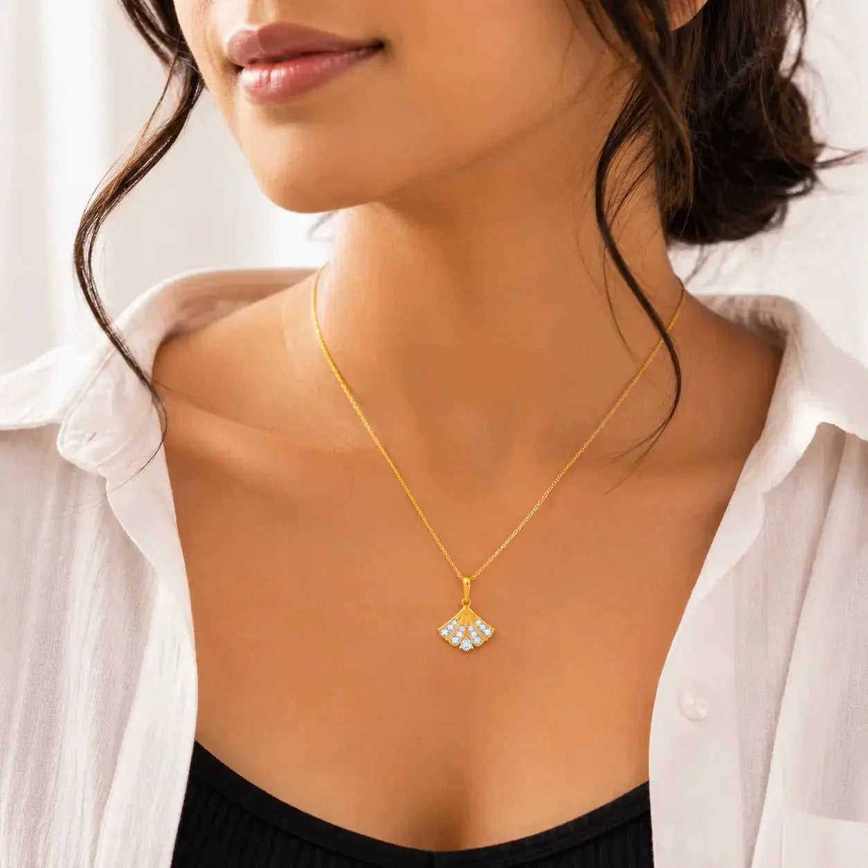 9KT Real Gold Lab Grown Diamond Fan Pendant Necklace for Women | Elegant Gift for Her | Tvayi