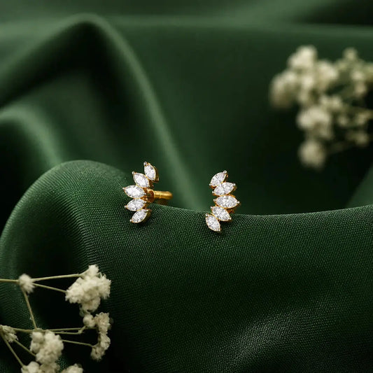 9KT Real Gold Leaf Ear Climber Earrings with Lab Grown Diamonds | Tvayi