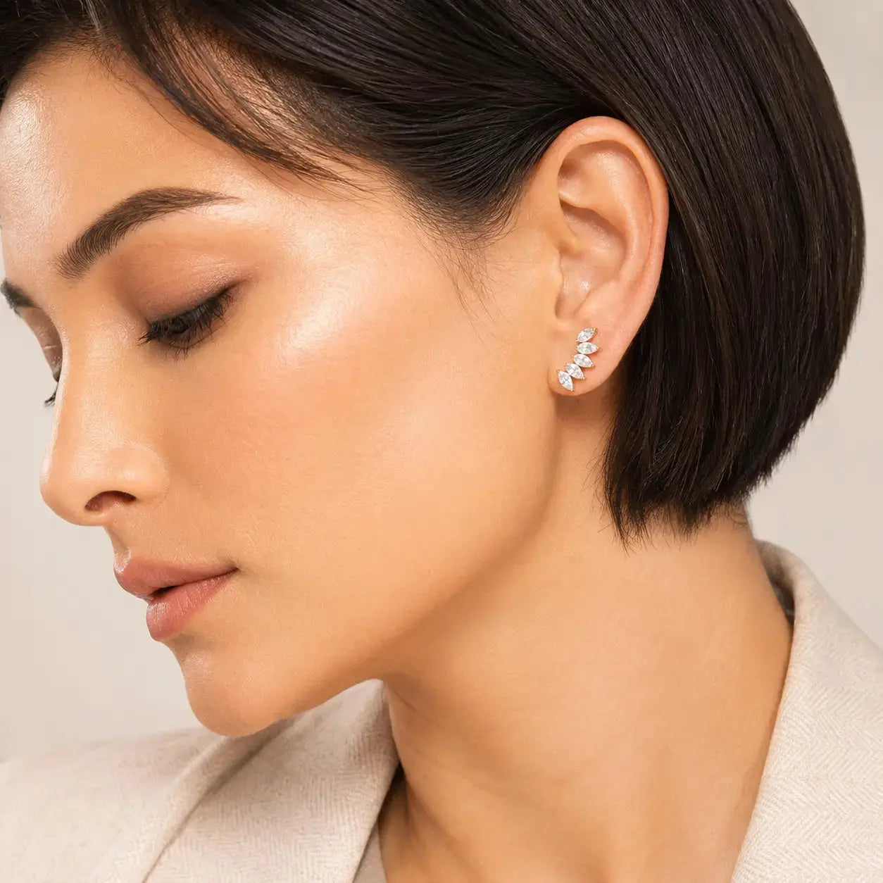 9KT Real Gold Leaf Ear Climber Earrings with Lab Grown Diamonds | Tvayi