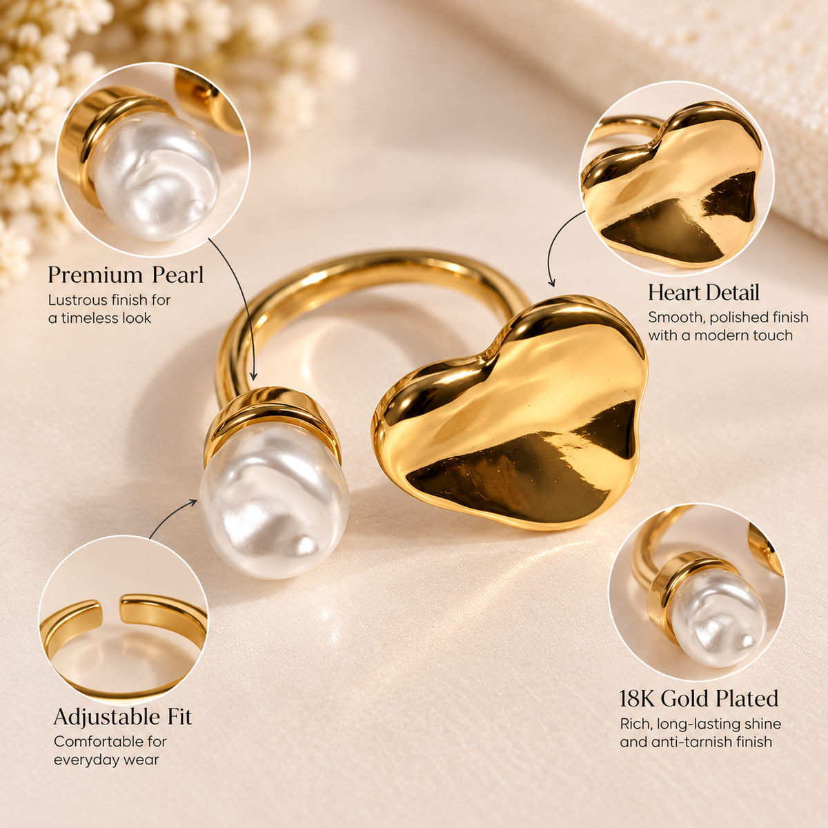 Close-up finger view of Amora 18K Gold Plated Heart and Pearl Statement Ring – TVAYI