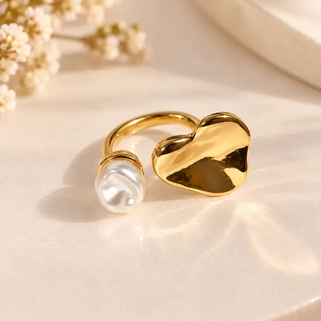 Amora 18K Gold Plated Heart and Pearl Ring on premium cream background – TVAYI