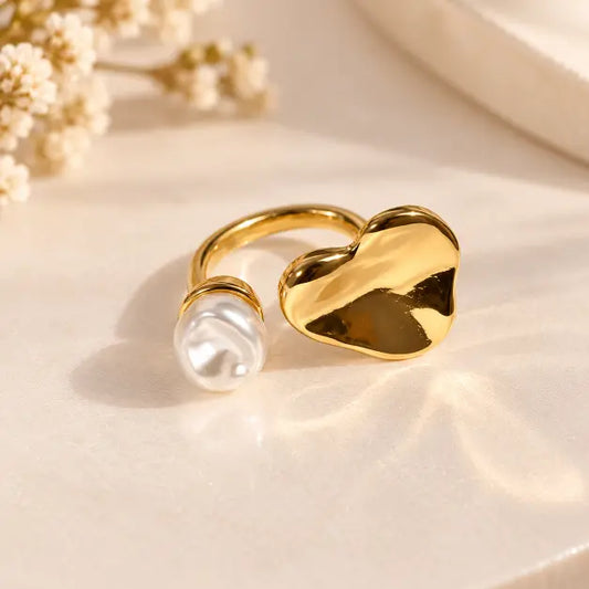 Amora 18K Gold Plated Heart and Pearl Ring on premium cream background – TVAYI