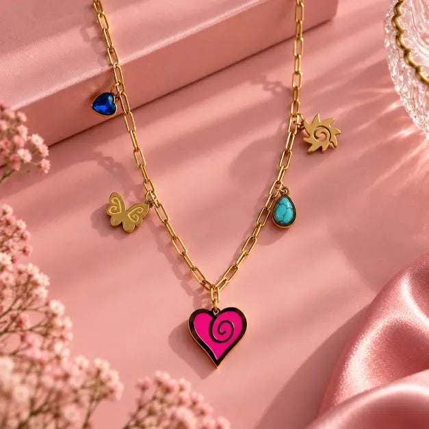 Amour Pop Colourful Gold Plated Charm Necklace on luxury pink background – TVAYI