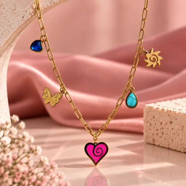 Amour Pop 18K Gold Plated Charm Necklace premium hanging detail view – TVAYI