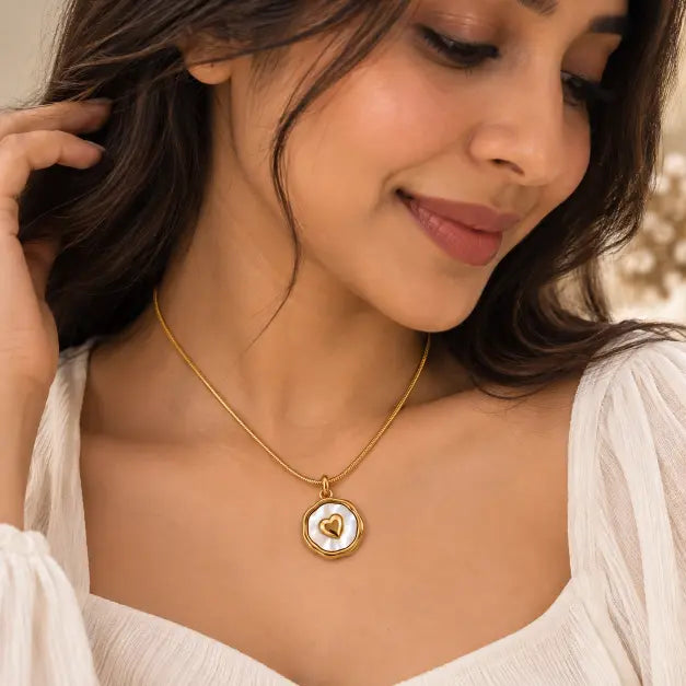 Indian woman wearing Amoura 18K Gold Plated Heart Pearl Pendant Necklace – TVAYI
