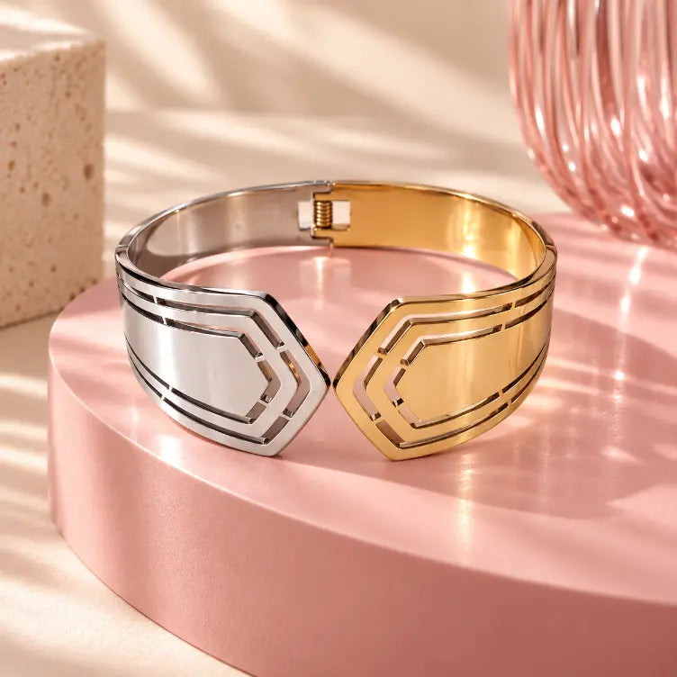 Gold and Silver Geometric Cuff Bracelet for Women