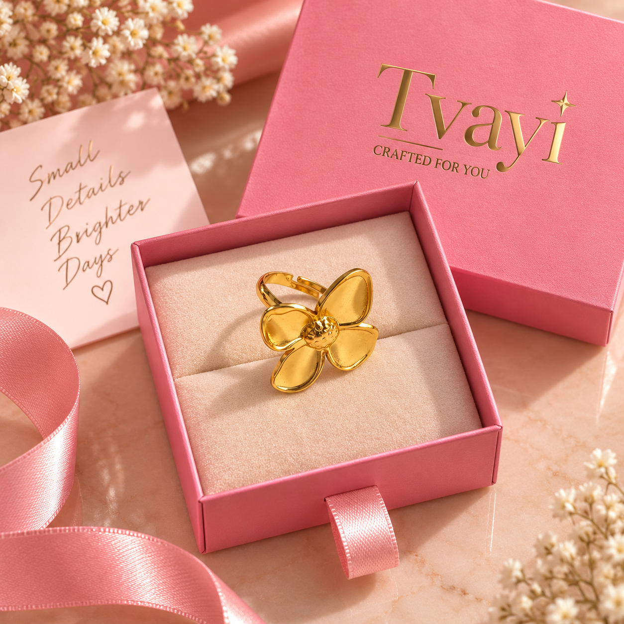 Aurelia Bloom 18K gold plated adjustable flower ring for women by TVAYI