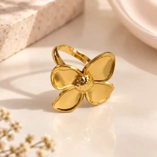 Aurelia Bloom 18K gold plated adjustable flower ring for women by TVAYI