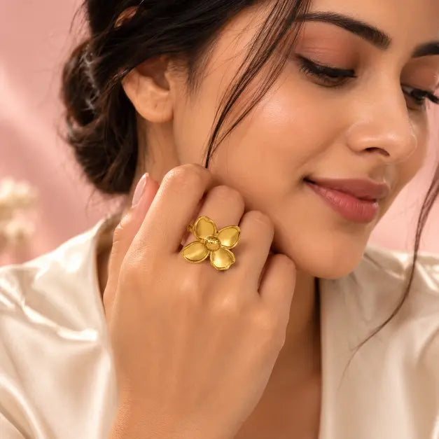 Aurelia Bloom 18K gold plated adjustable flower ring for women by TVAYI