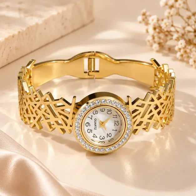 Aurelia 18K Gold Plated Crystal Bracelet Watch for women on premium cream background – TVAYI