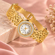 Aurelia Gold Plated Bracelet Watch detailed view showing geometric cutwork band and crystal bezel – TVA
